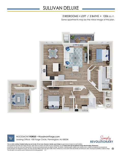 Floor plan for 2 beds, 2 baths, 1326 sqft